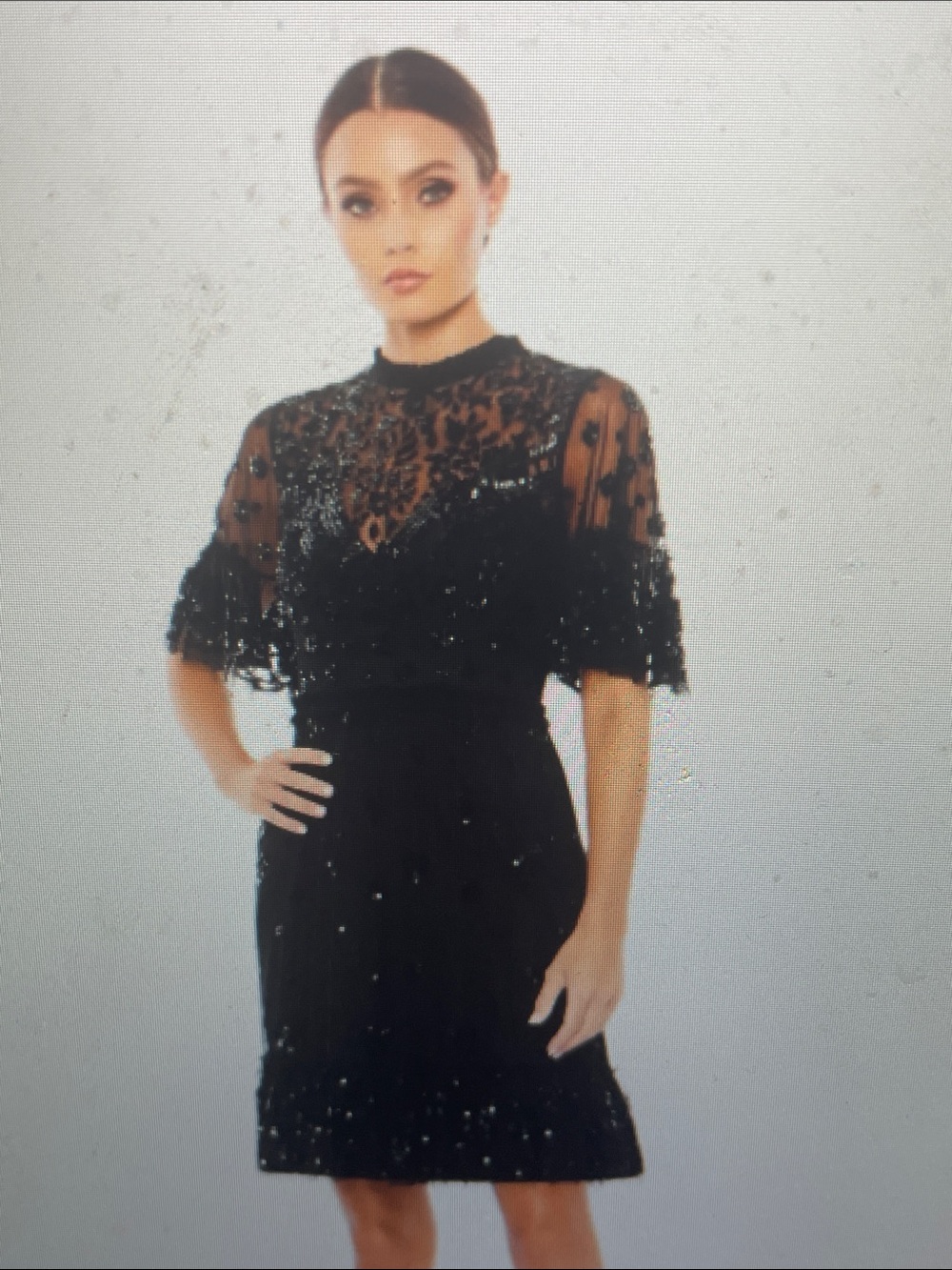 Mac Duggal Elegant Black Sequin sheer flare sleeve Evening/cocktail Dress- nwt